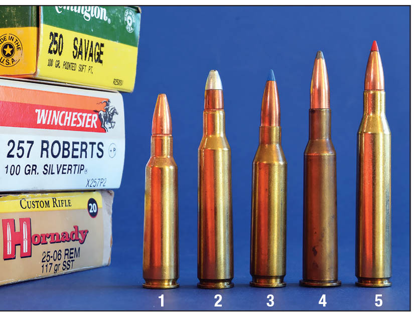 All predating the Depression: (1) 250 Savage, (2) 257 Roberts, (3) 25 Souper, (4) 25 Krag and (5) 25-06.